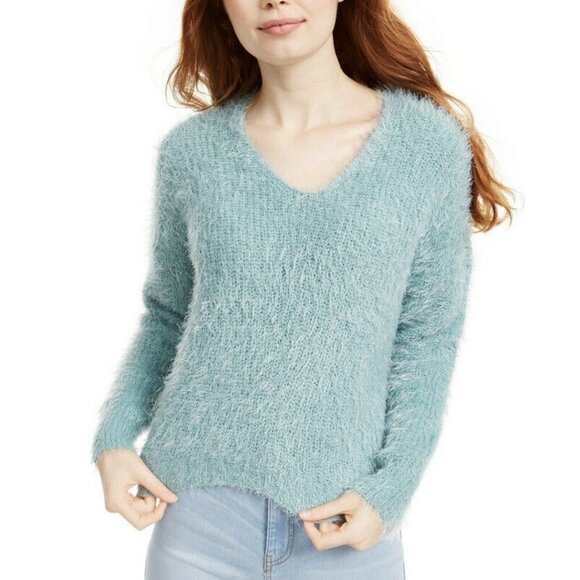 Freshman Juniors Women's Fuzzy V-Neck Sweater Gree - Picture 1 of 6